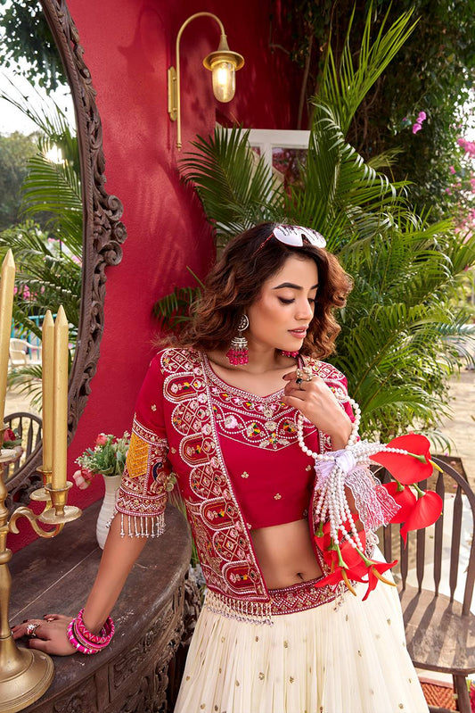 Designer Vichitra Fabric Heavy Embroidery Lehenga Choli & Koti Set