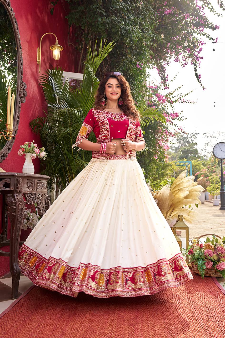 Designer Vichitra Fabric Heavy Embroidery Lehenga Choli & Koti Set