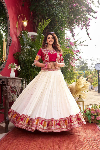 Designer Vichitra Fabric Heavy Embroidery Lehenga Choli & Koti Set