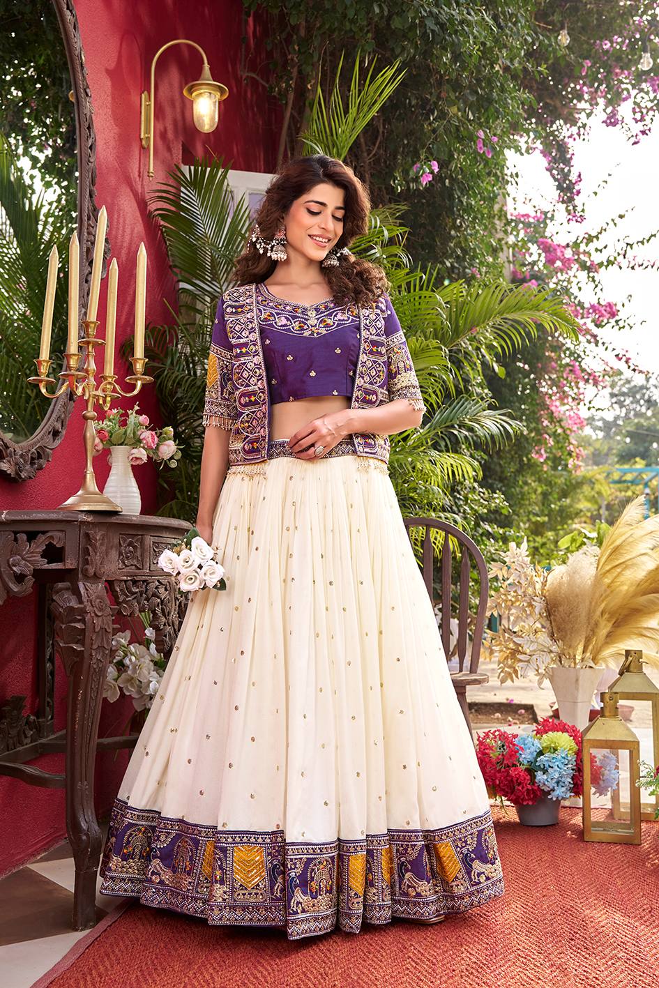 Designer Vichitra Fabric Heavy Embroidery Lehenga Choli & Koti Set 