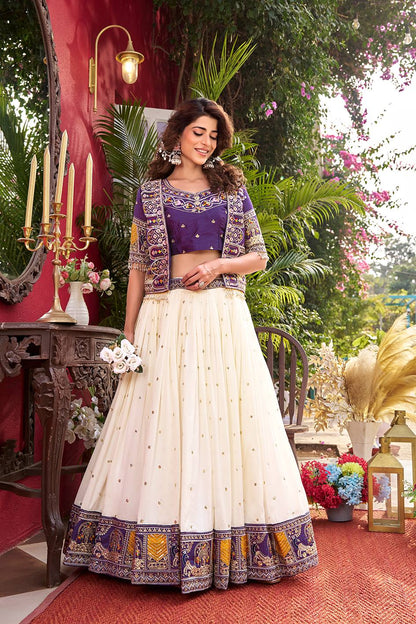 Designer Vichitra Fabric Heavy Embroidery Lehenga Choli & Koti Set 
