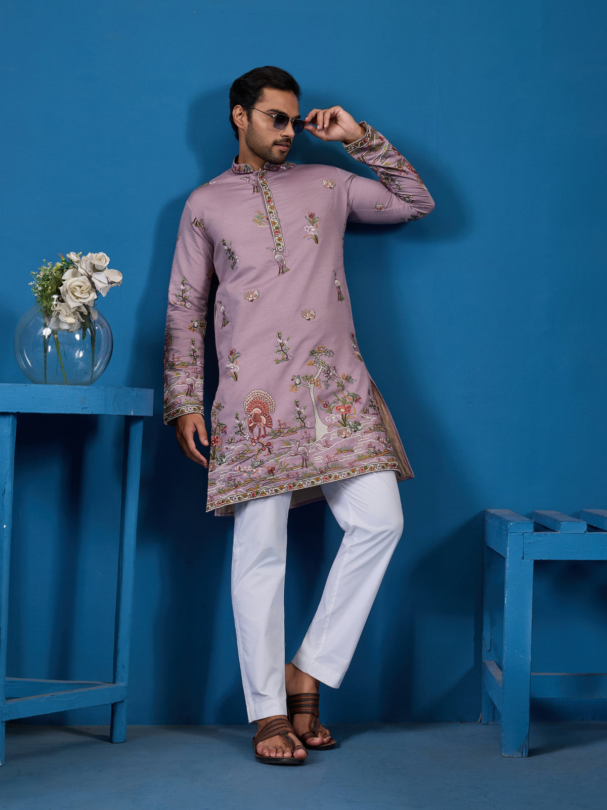 Heavy Embroidered Dusty Pink Kurta for Men