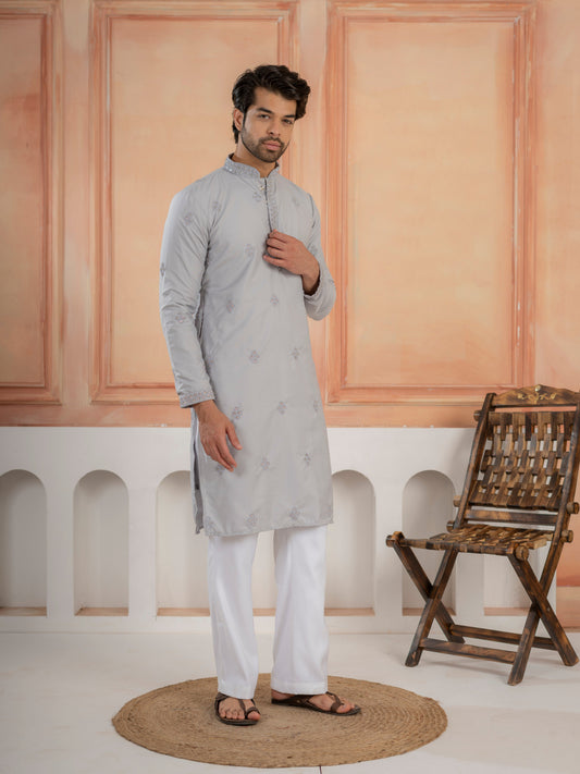 Elegant Grey Soft Cotton Val-Moti Butta Work Kurta Set