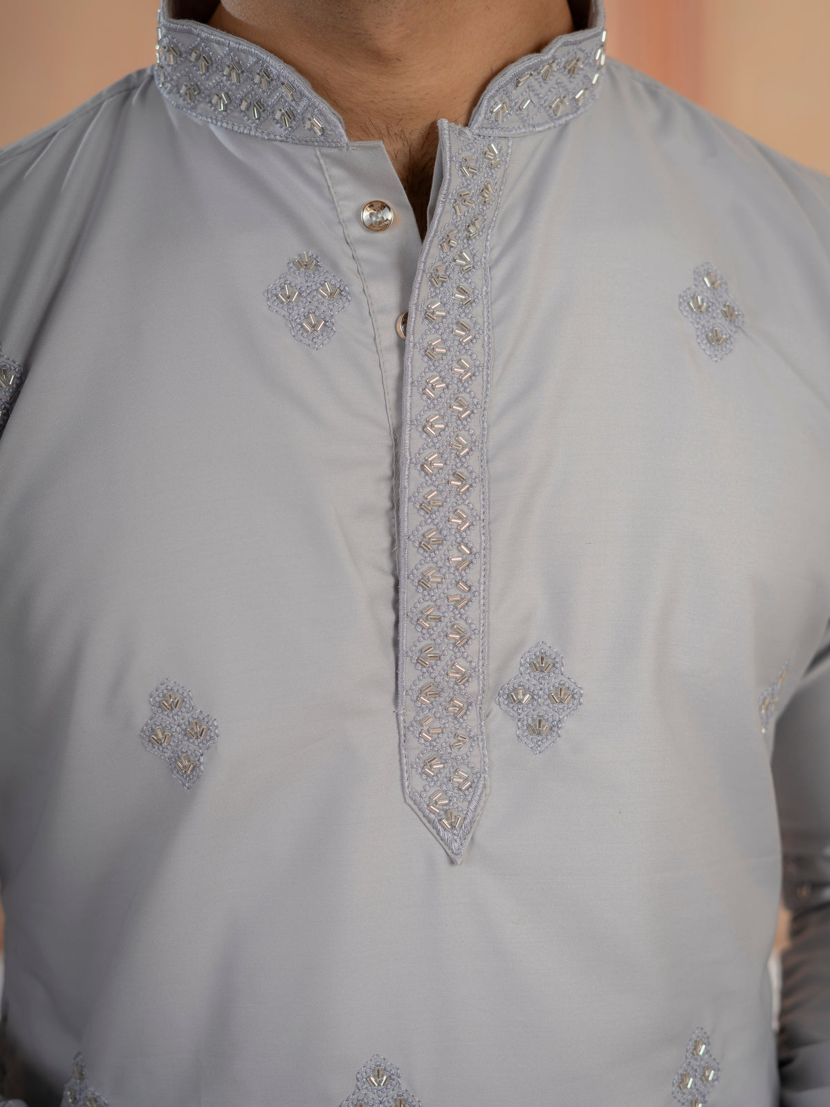 Elegant Grey Soft Cotton Val-Moti Butta Work Kurta Set