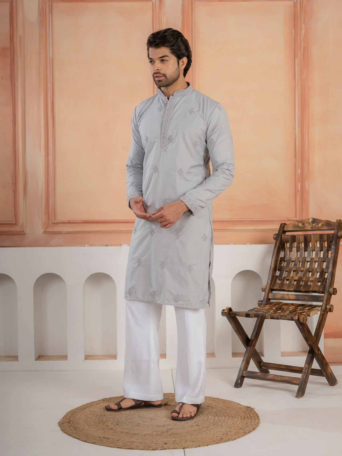 Elegant Grey Soft Cotton Val-Moti Butta Work Kurta Set