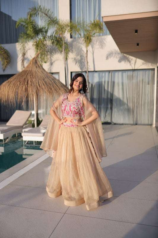 Festive Wear Sindur Silk Beads Embroidery Lehenga Choli with Shrug Set