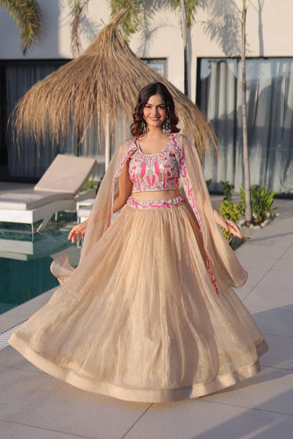 Festive Wear Sindur Silk Beads Embroidery Lehenga Choli with Shrug Set