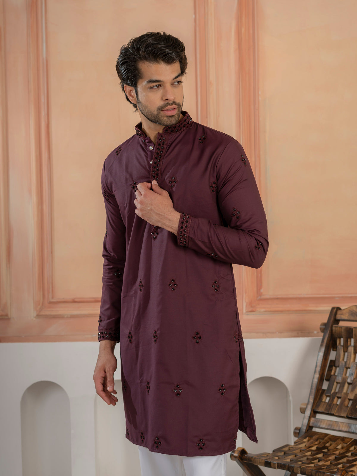Festive Wine Soft Cotton Val-Moti Butta Work Mens Kurta Set
