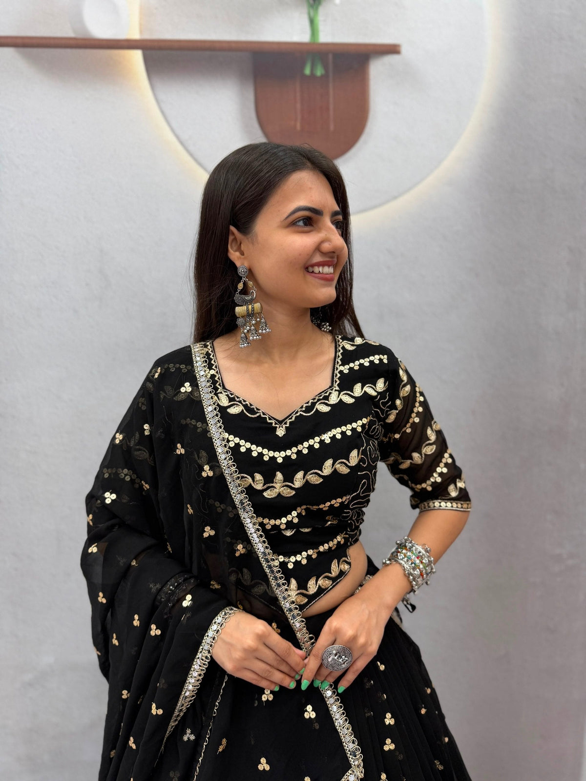 Black Faux Georgette Embroidered Lehenga Set | Tulip Designer