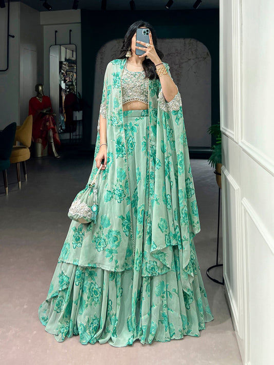 Soft Pastel Georgette Heavy Embroidery Lehenga Set With Batwa 