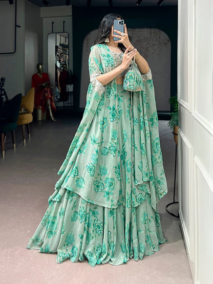 Soft Pastel Georgette Heavy Embroidery Lehenga Set With Batwa