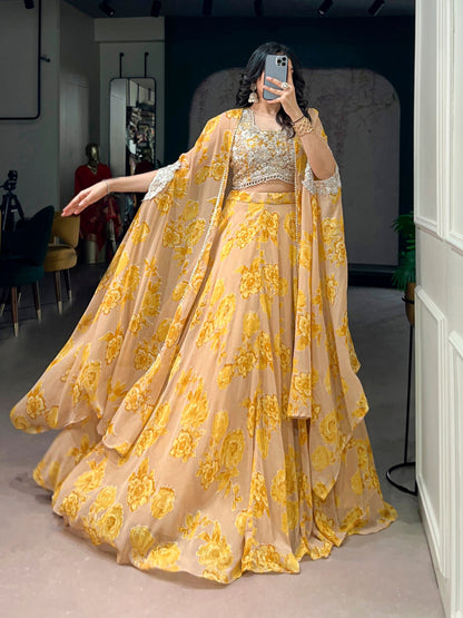 Soft Pastel Georgette Heavy Embroidery Lehenga Set With Batwa 