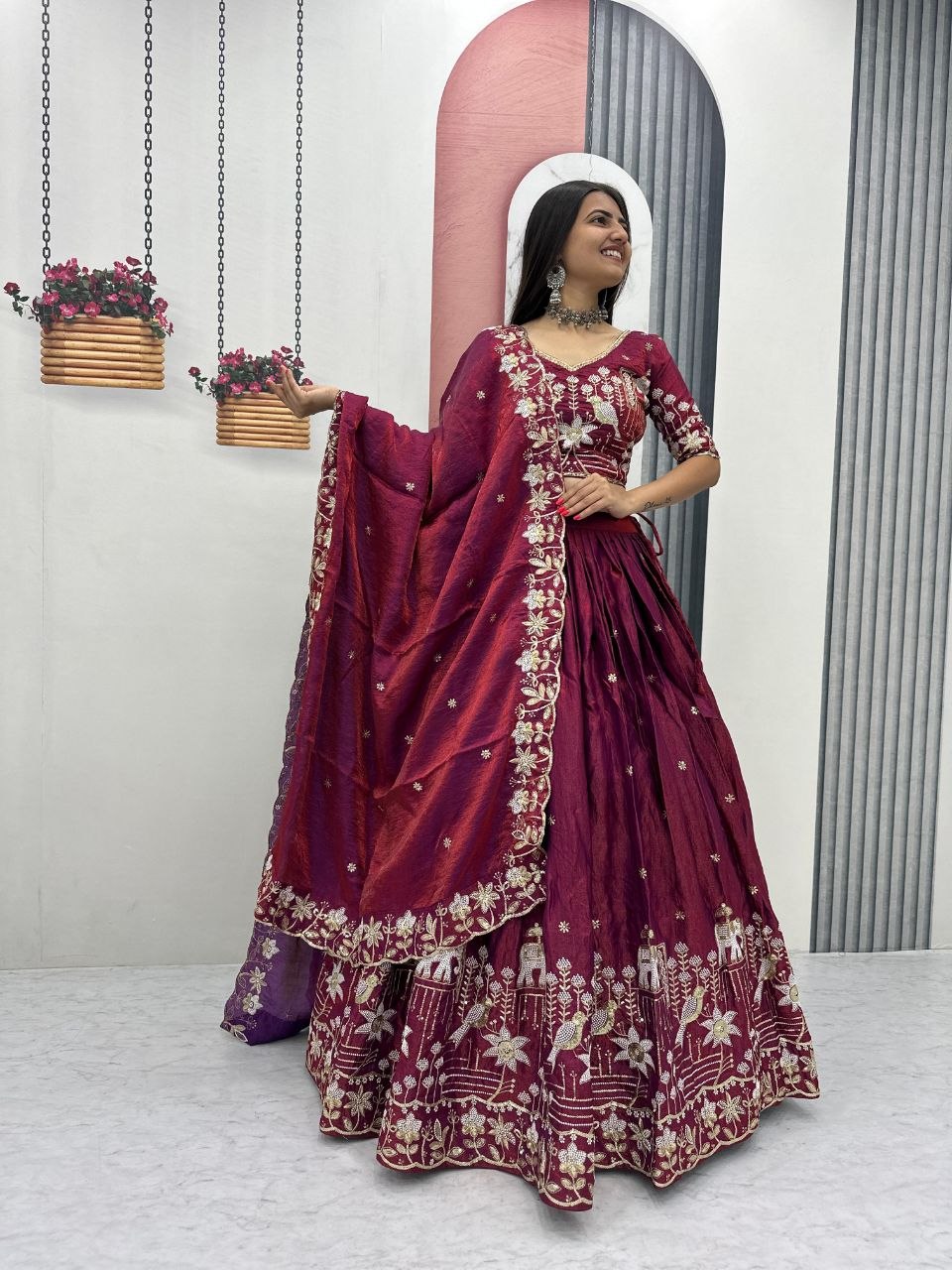 Wedding Glass Silk Embroidered Lehenga Set | Tulip Designer 