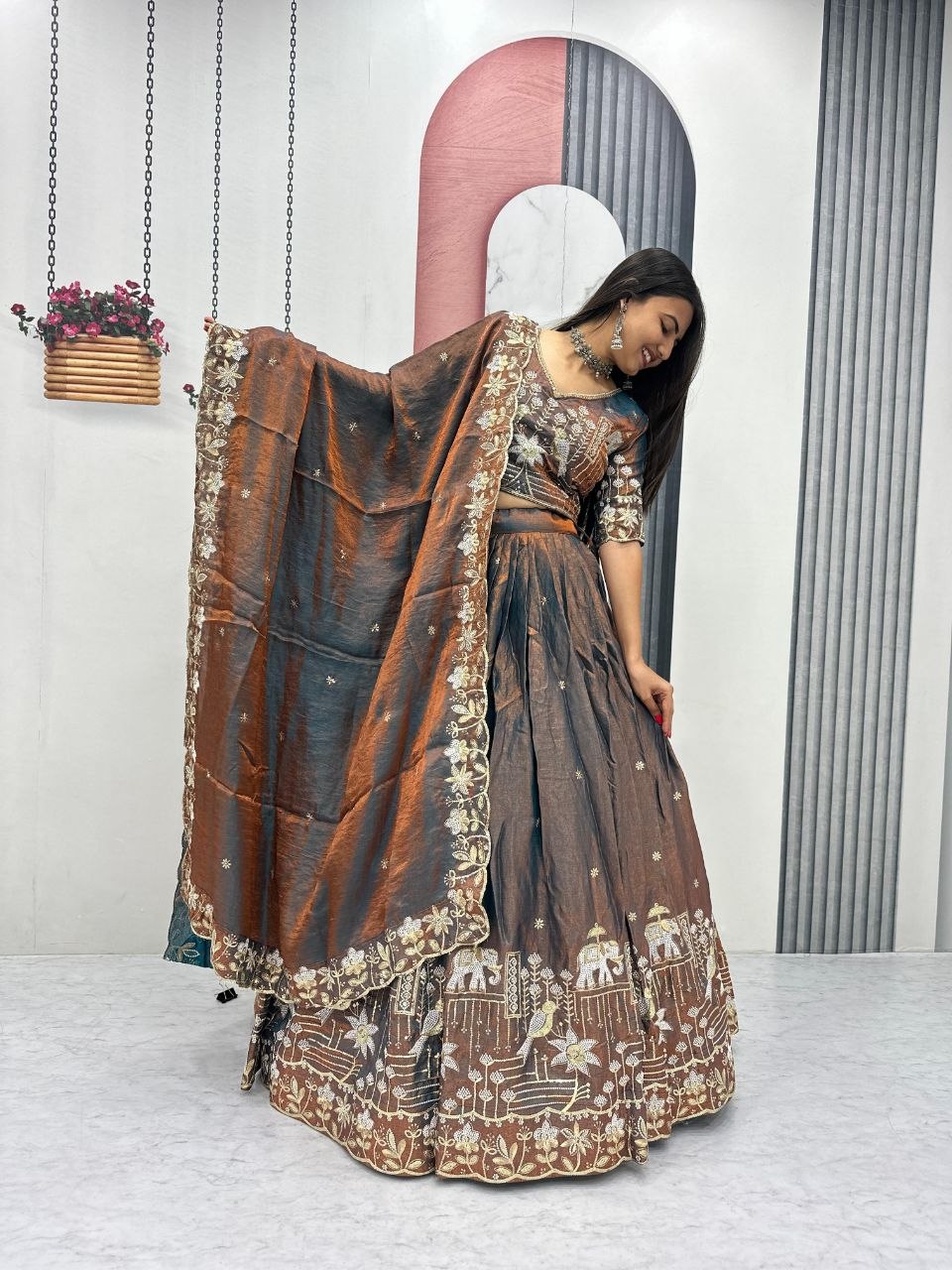 Wedding Glass Silk Embroidered Lehenga Set | Tulip Designer 