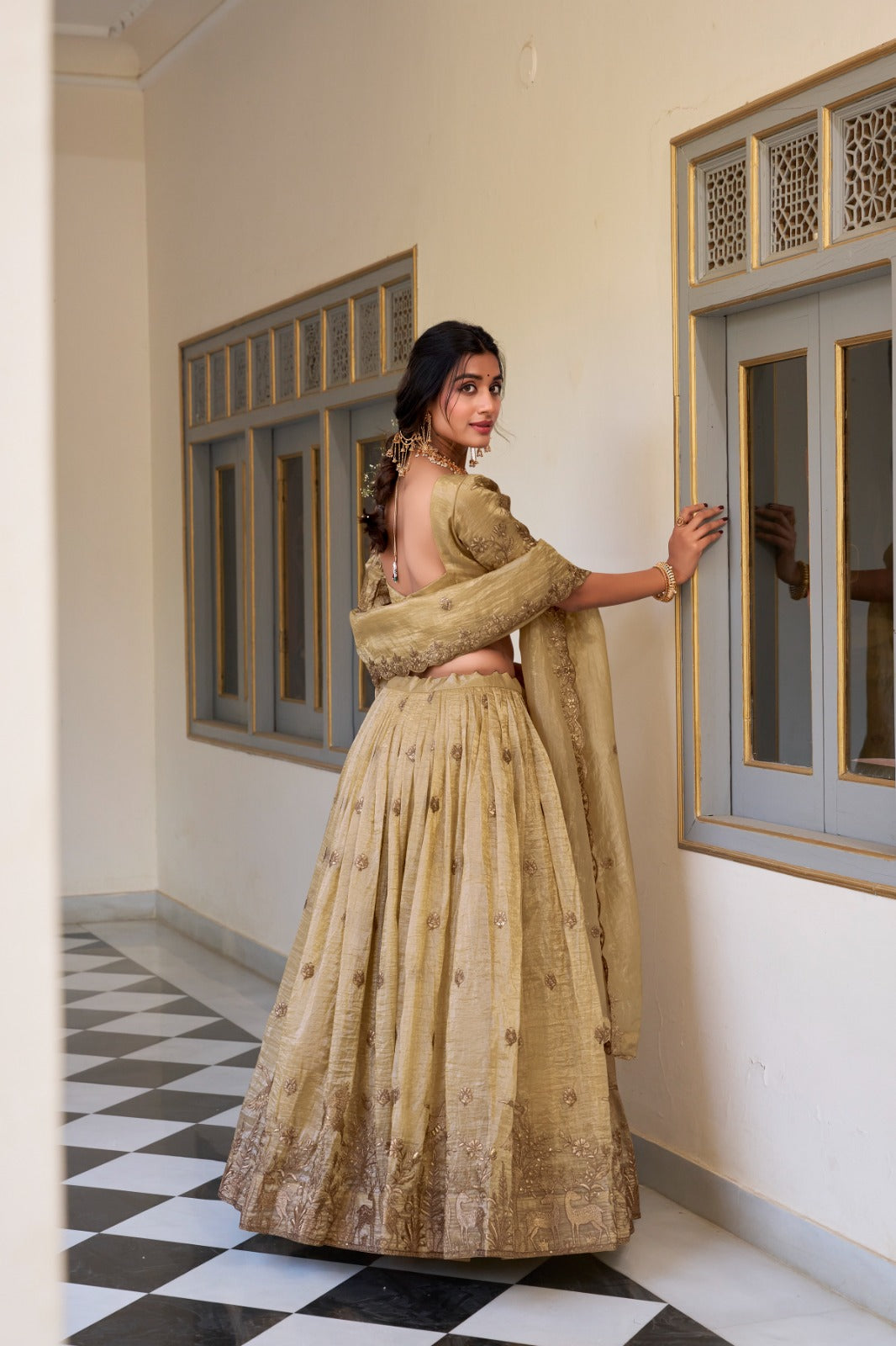 Majestic Gold Crush Embroidered Work  Lehenga Choli Set with Dupatta For Women