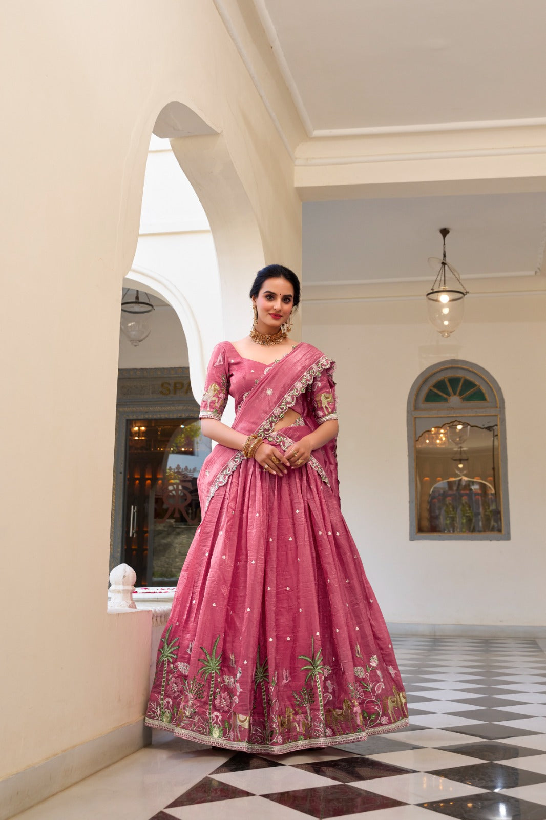 Majestic Gold Crush Embroidered Work  Lehenga Choli Set with Dupatta For Women