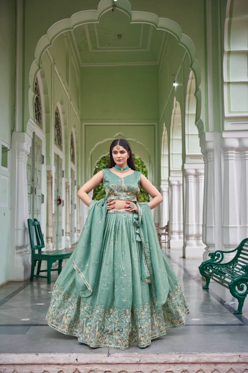 Festive Gold Crush Embroidery Sequin Lehenga Set 