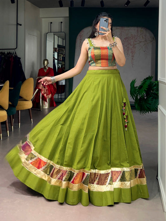 Premium Green Cotton Navratri Lehenga with Embossed Design Work