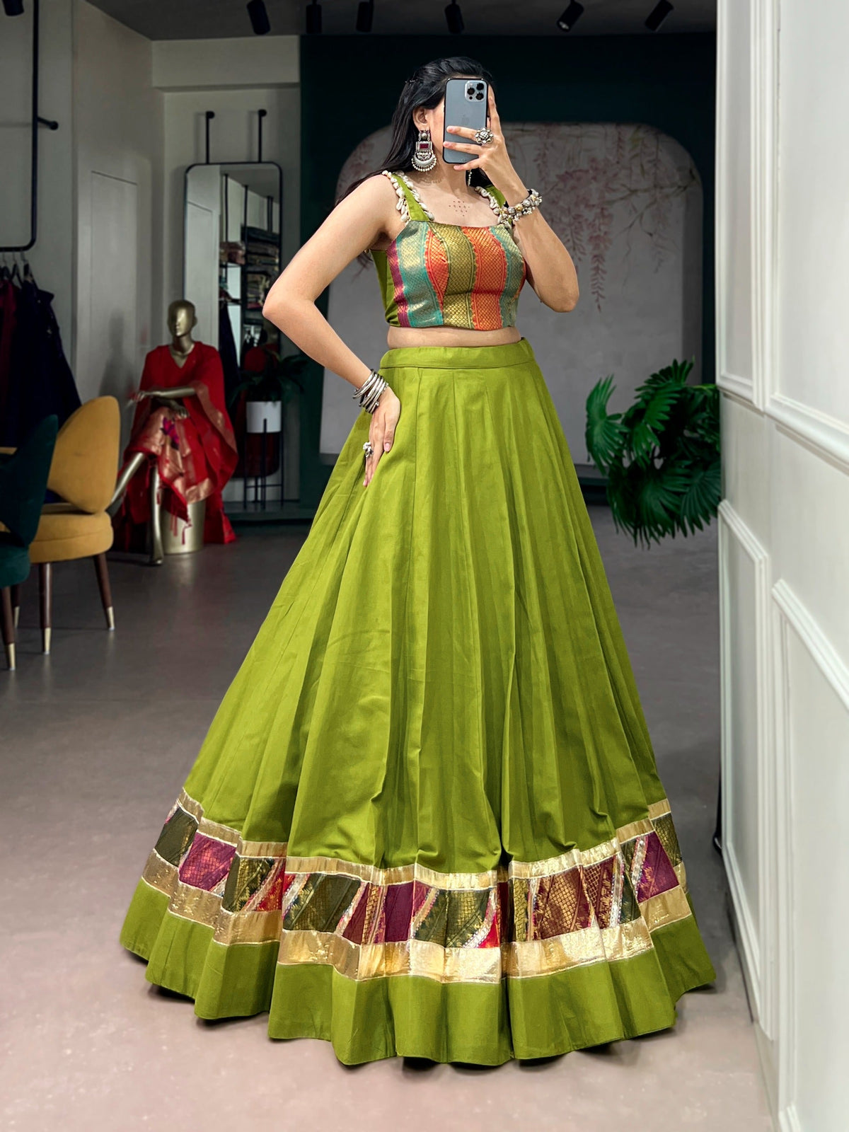 Premium Green Cotton Navratri Lehenga with Embossed Design Work