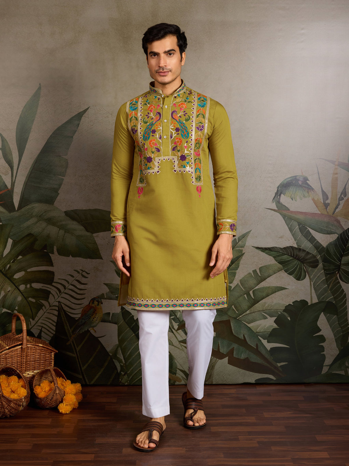 Festive Wear Flourescent Green Embroidered Kurta for Men