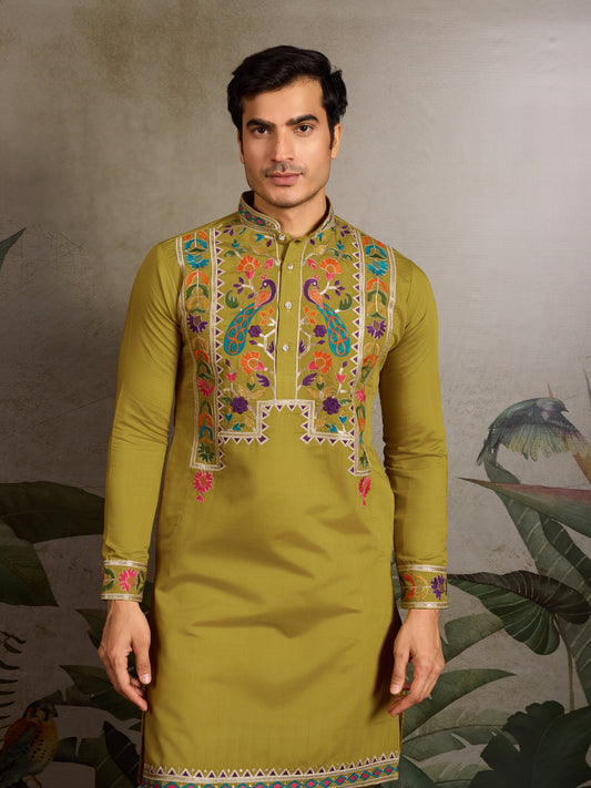 Festive Wear Flourescent Green Embroidered Kurta for Men