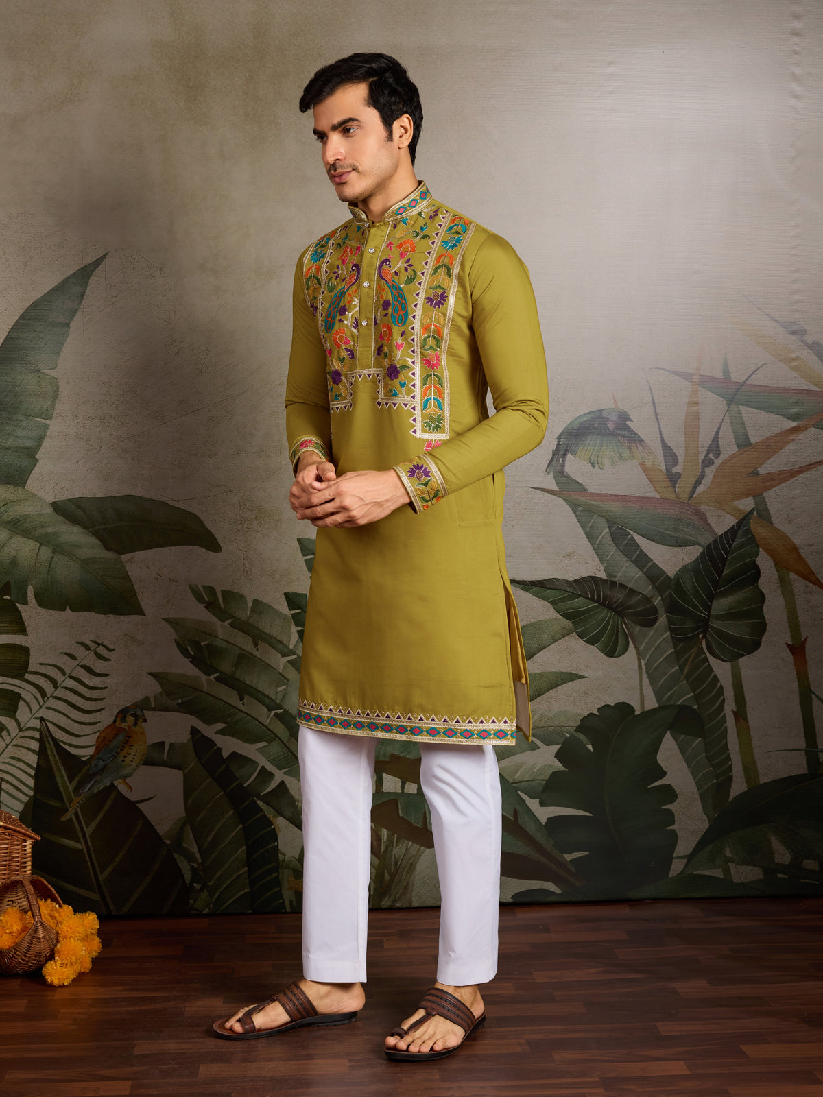 Festive Wear Flourescent Green Embroidered Kurta for Men