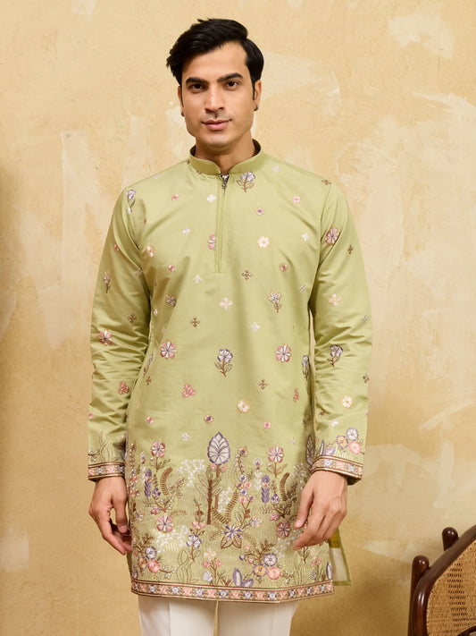 Light Green Festive Wear Embroidered Kurta Set For Mens