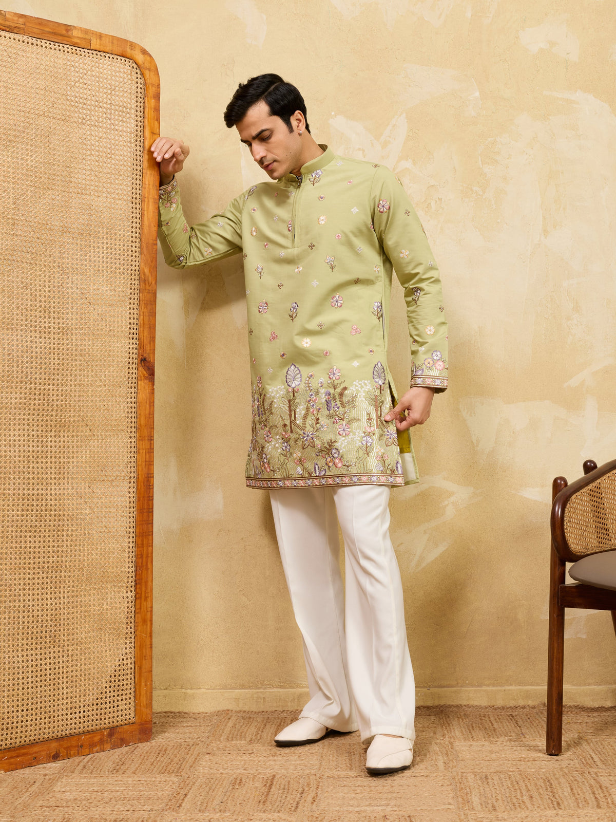 Light Green Festive Wear Embroidered Kurta Set For Mens