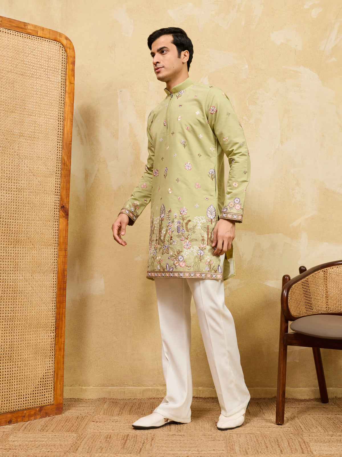 Light Green Festive Wear Embroidered Kurta Set For Mens