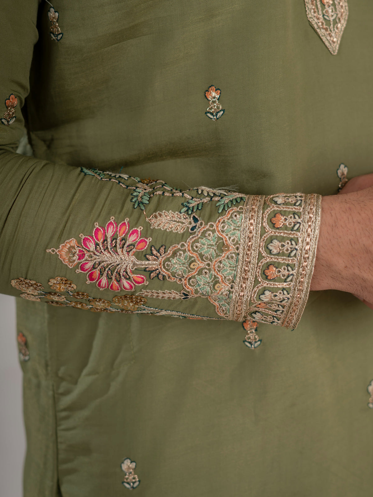 Designer Green Multi Colour Embroidery Golden Sequence Work Kurta Set