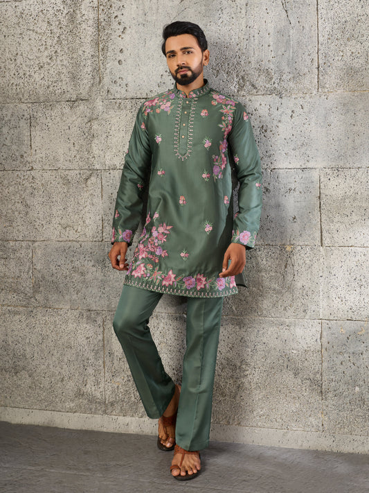 Exclusive Green Silk Embroidered Ethnic Kurta Bell Bottom Set