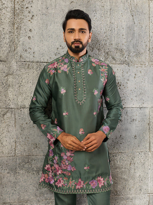 Exclusive Green Silk Embroidered Ethnic Kurta Bell Bottom Set