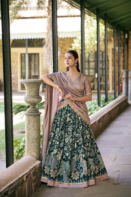 Green Tasar Silk Kalamkari Lehenga Choli with Embroidered Dupatta