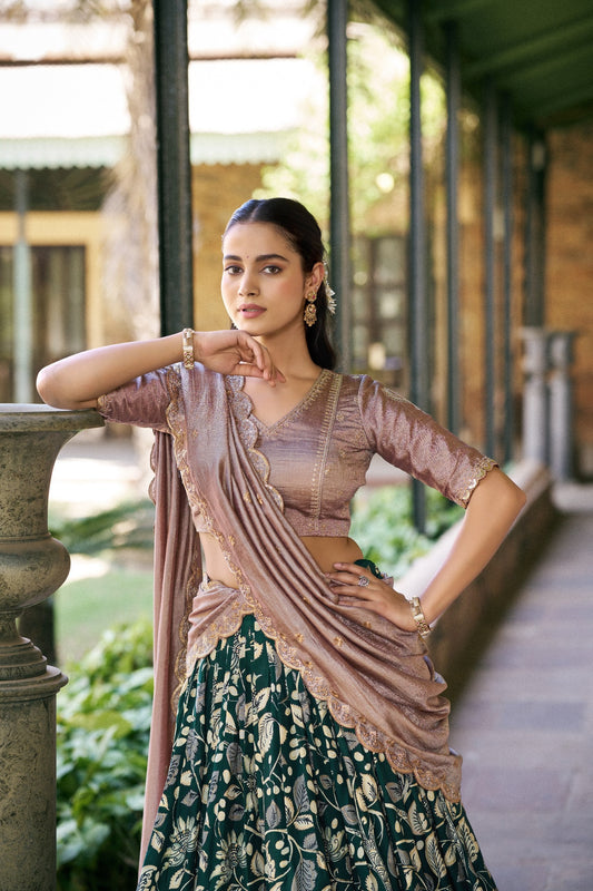 Green Tasar Silk Kalamkari Lehenga Choli with Embroidered Dupatta