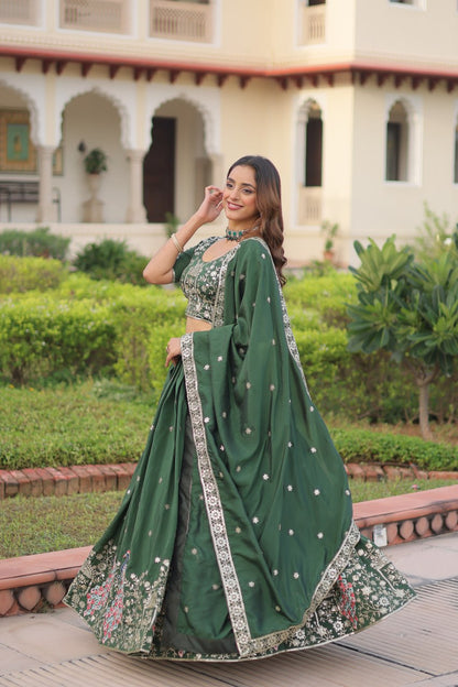 Royal Dark Green Vichitra Silk Sequins Zari Embroidery Lehenga Choli Set