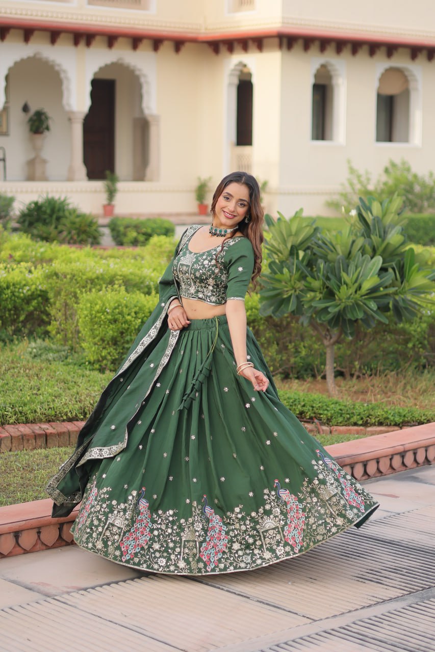 Royal Dark Green Vichitra Silk Sequins Zari Embroidery Lehenga Choli Set