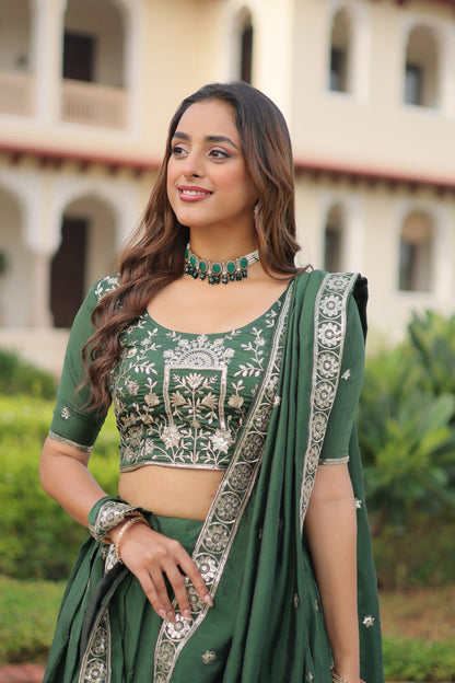 Royal Dark Green Vichitra Silk Sequins Zari Embroidery Lehenga Choli Set