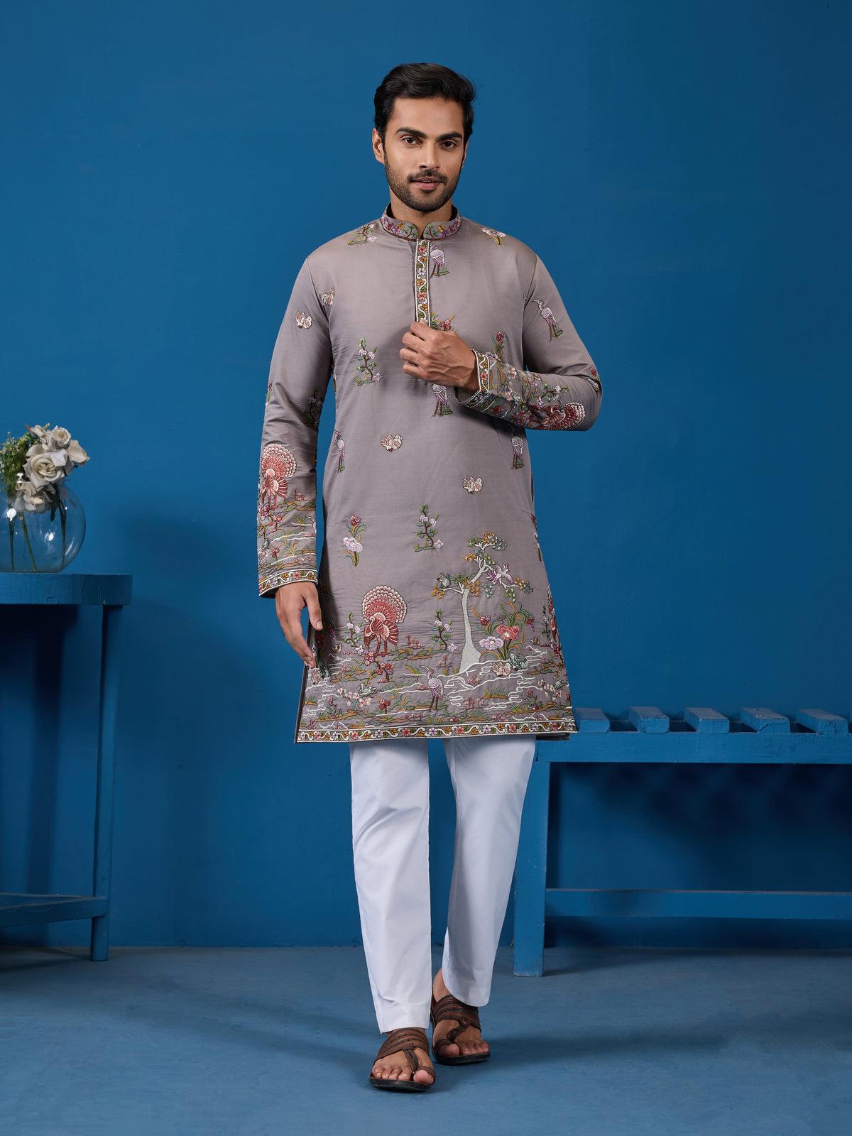 Classy Grey Embroidered Mens Kurta for Wedding Events