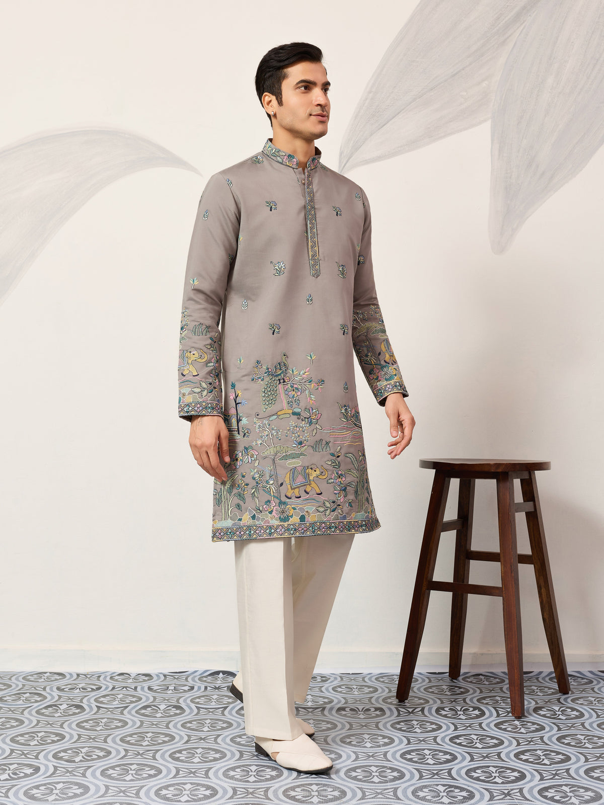 Wedding Traditional Look Grey Kurta for Mens Wear