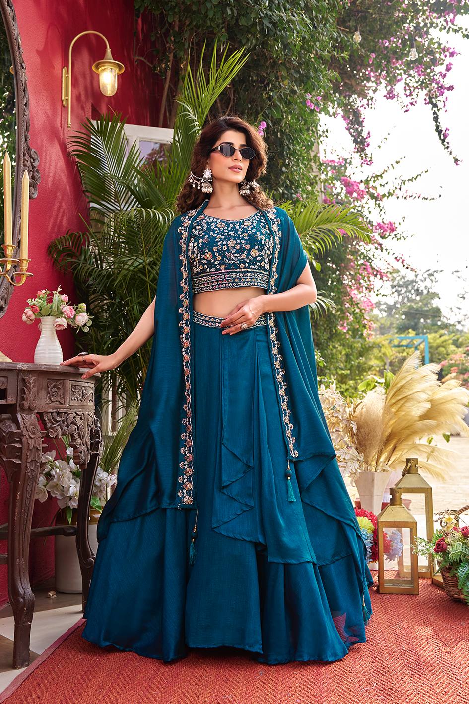 Premium Vichitra Silk Heavy Moti Beads Sequence Embroidery Lehenga Set 