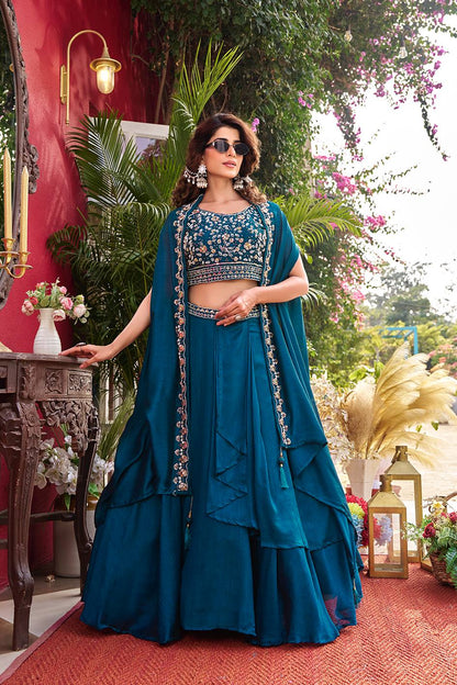 Premium Vichitra Silk Heavy Moti Beads Sequence Embroidery Lehenga Set 