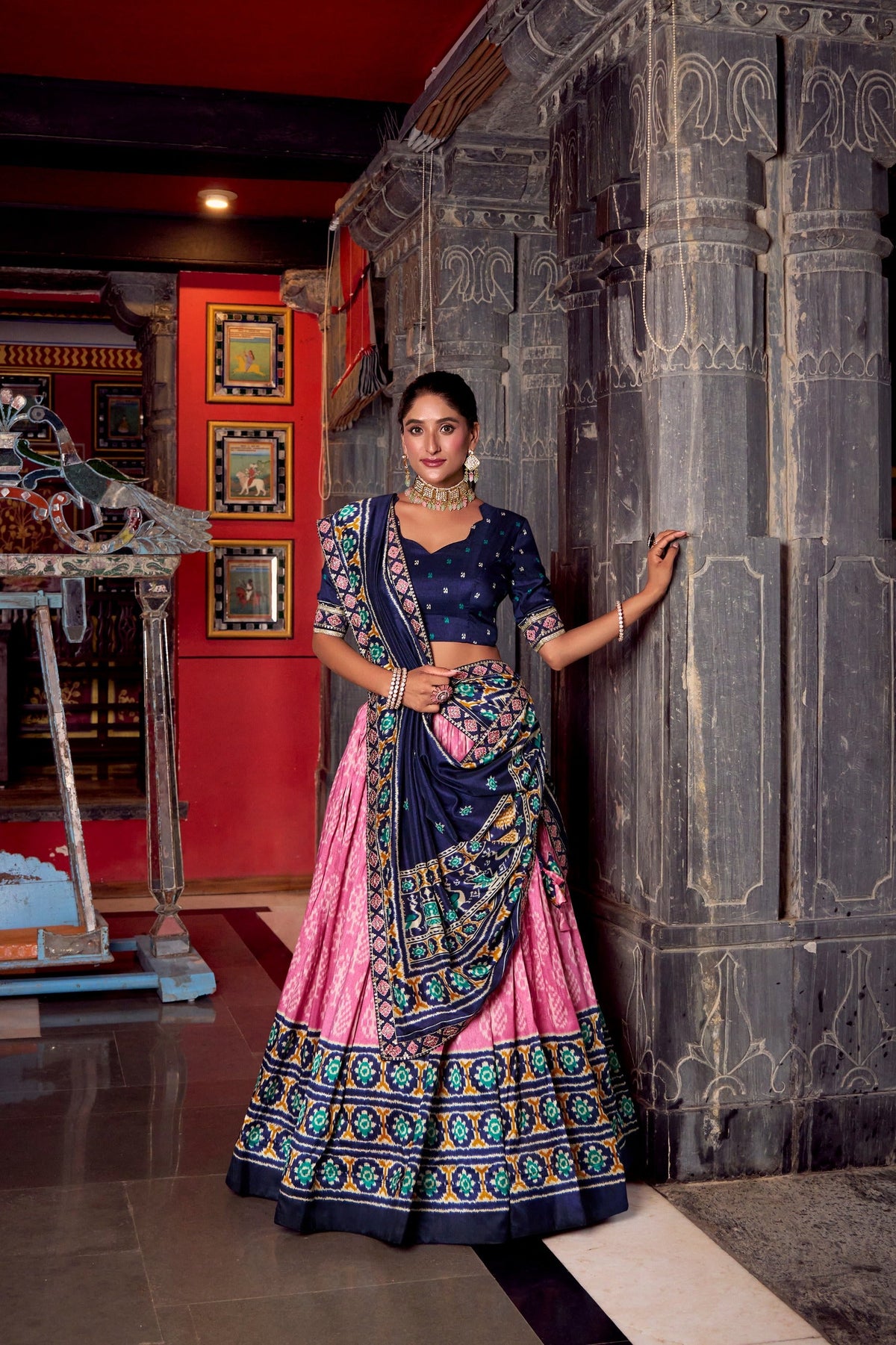 Classic Ikkat Art Tasar Silk Lehenga for Navratri Celebrations