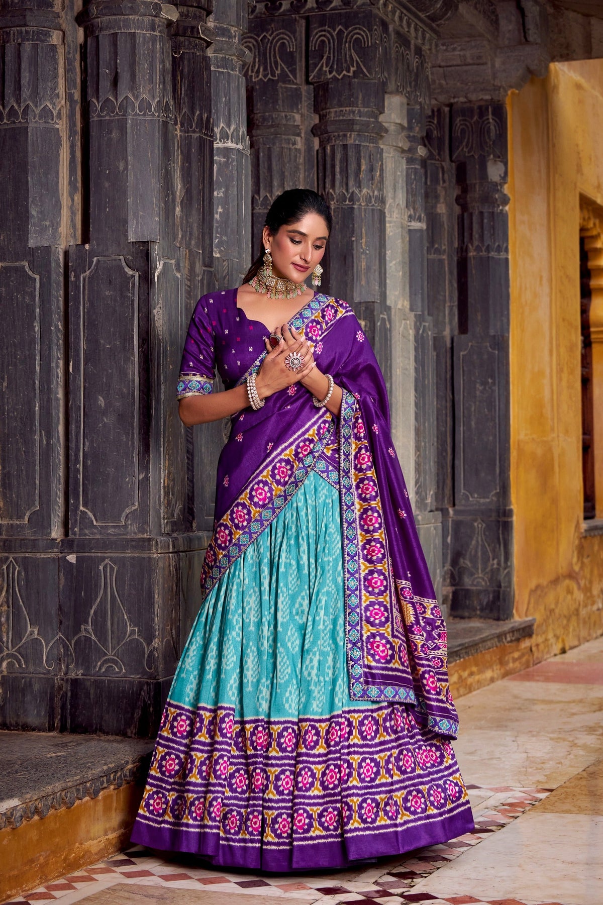 Classic Ikkat Art Tasar Silk Lehenga for Navratri Celebrations