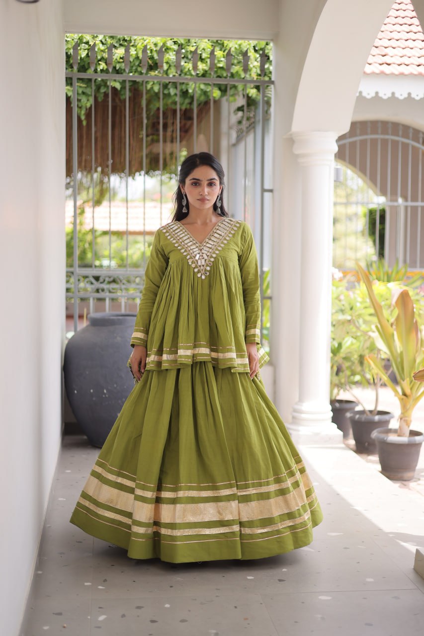 Navratri Kora Cotton Mirror Embroidered Lehenga Choli 