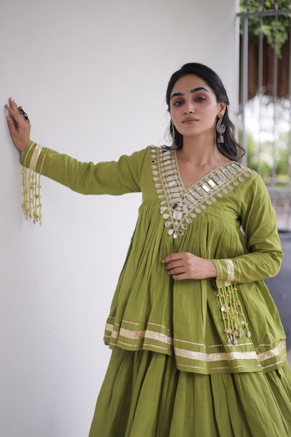 Navratri Kora Cotton Mirror Embroidered Lehenga Choli