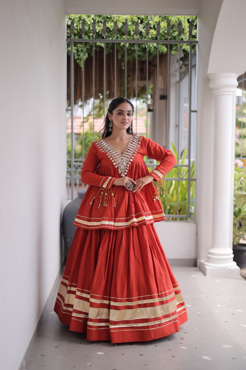 Navratri Kora Cotton Mirror Embroidered Lehenga Choli 