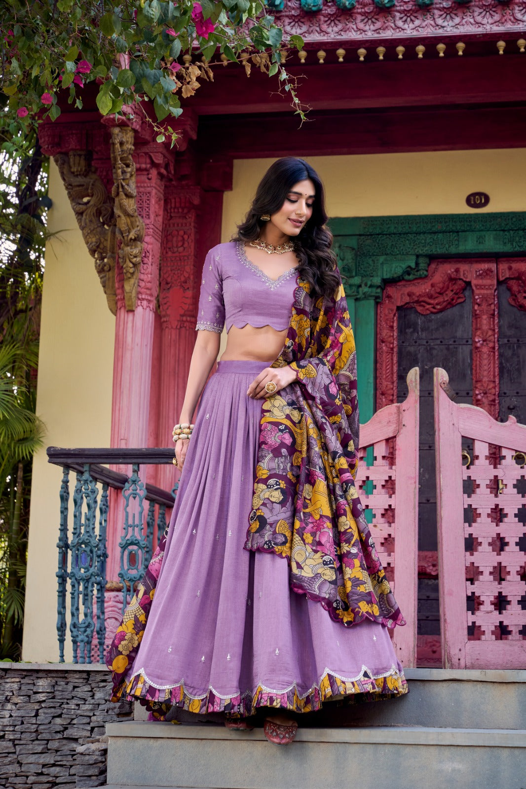 Traditional Glamour in Vichitra Silk Lehenga Choli with Kalamkari Dupatta
