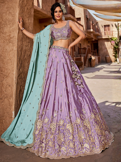 Designer Lavender Art Silk Floral Zari Dori Work Lehenga Choli with Chinon Dupatta