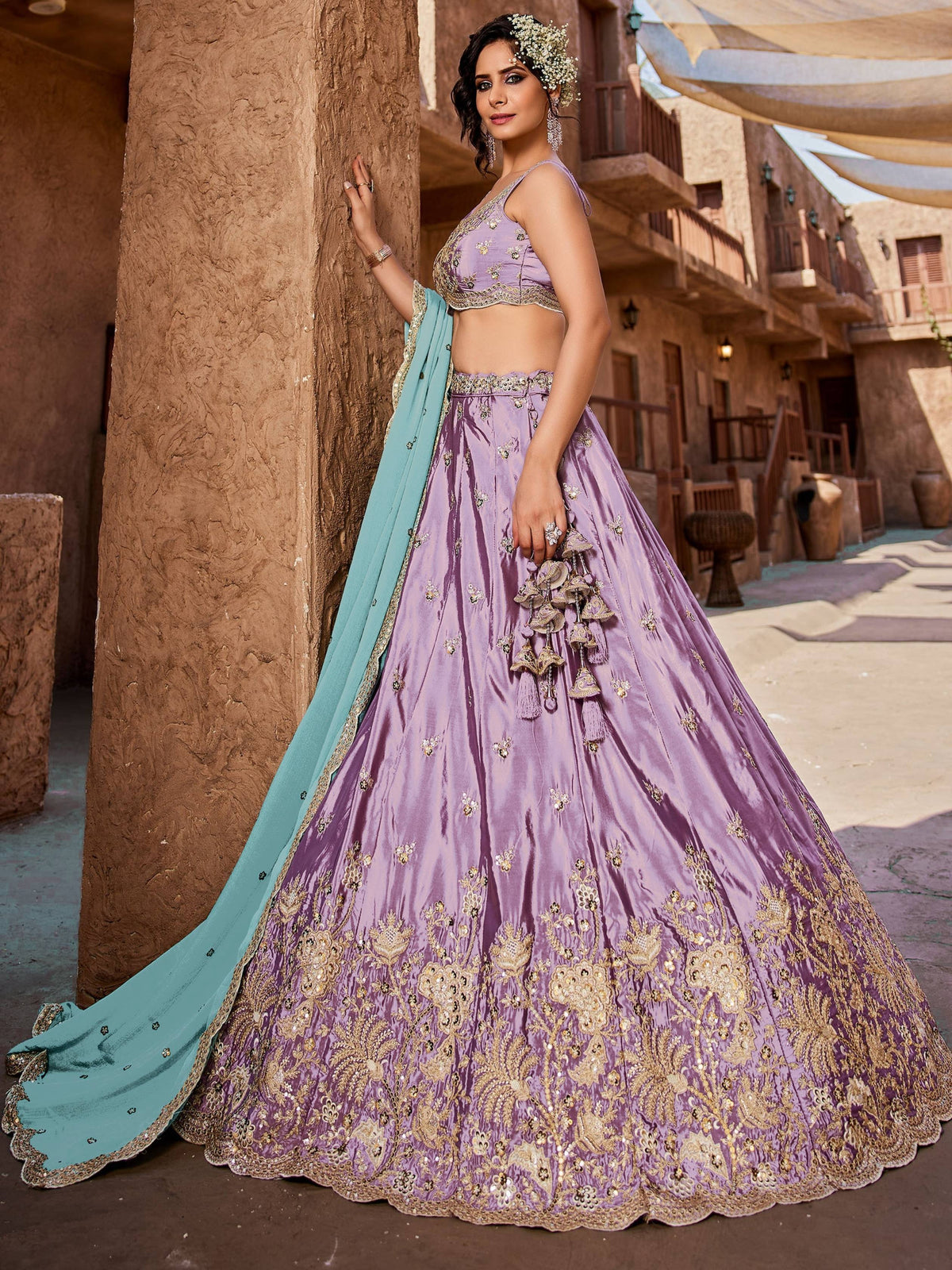 Designer Lavender Art Silk Floral Zari Dori Work Lehenga Choli with Chinon Dupatta