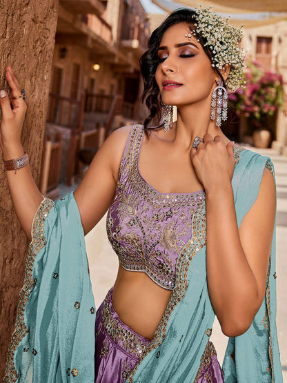 Designer Lavender Art Silk Floral Zari Dori Work Lehenga Choli with Chinon Dupatta